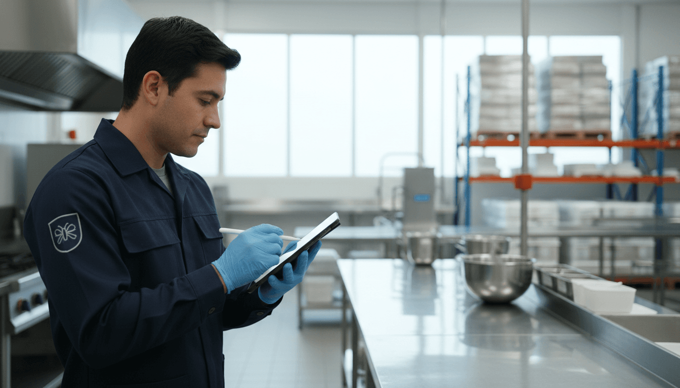 Técnico de control de plagas registrando una inspección desde su celular en terreno